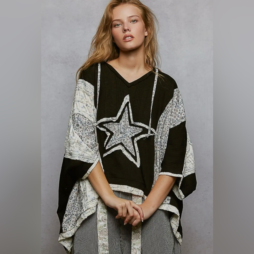 153. Starry Night, Lace contrast floral star patch knit top, Black, various size